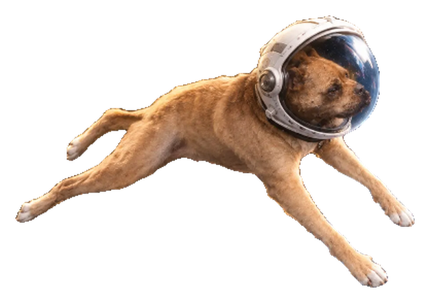 Shorty, a short tan dog in an astronaut helmet, stretched out mid-leap