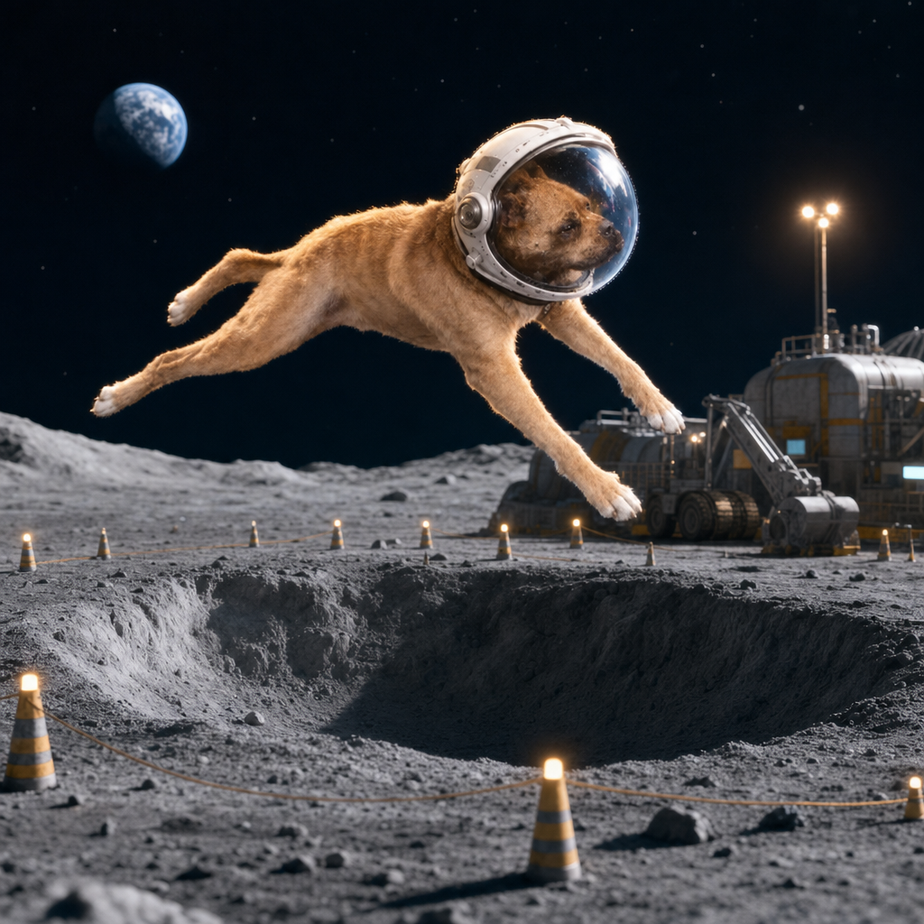 Shorty leaping clear over a lunar maintenance crater lined with lit cones, a mining rig behind